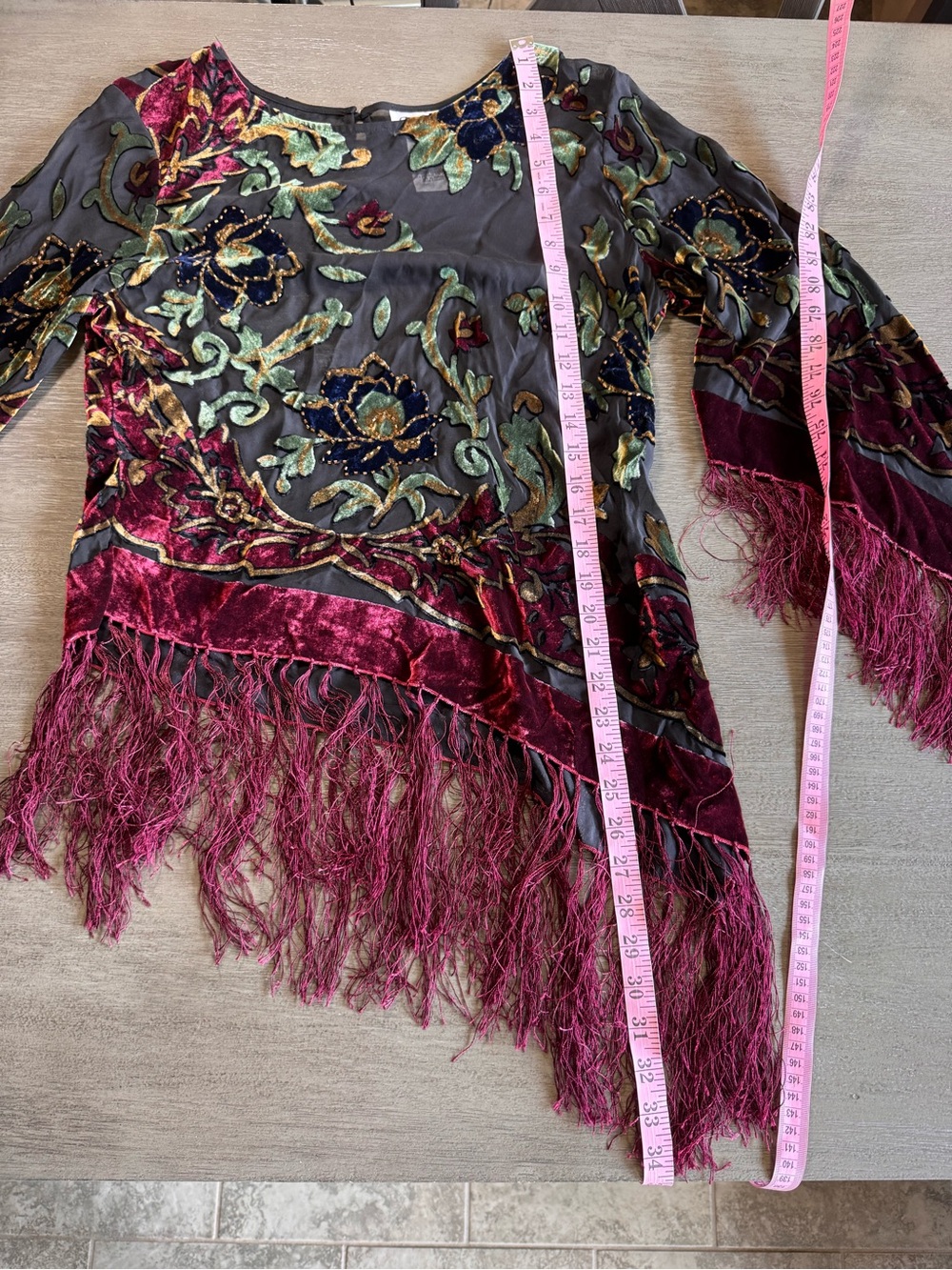 🤍Vintage Silk Fringe Beaded Patchwork Blouse Asymmetrical Top M - Picture 15 of 15